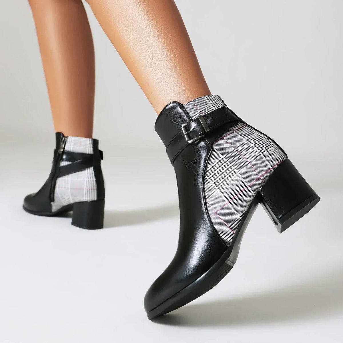 Checkered patchwork block heel boots with buckle strap and smooth eco-leather