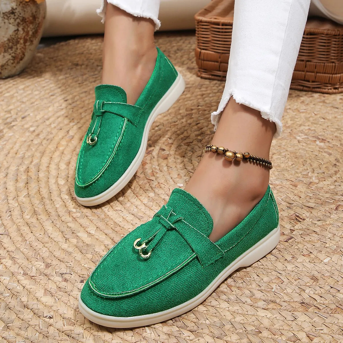 Genuine leather and soft suede slip-on loafers in a neutral shade