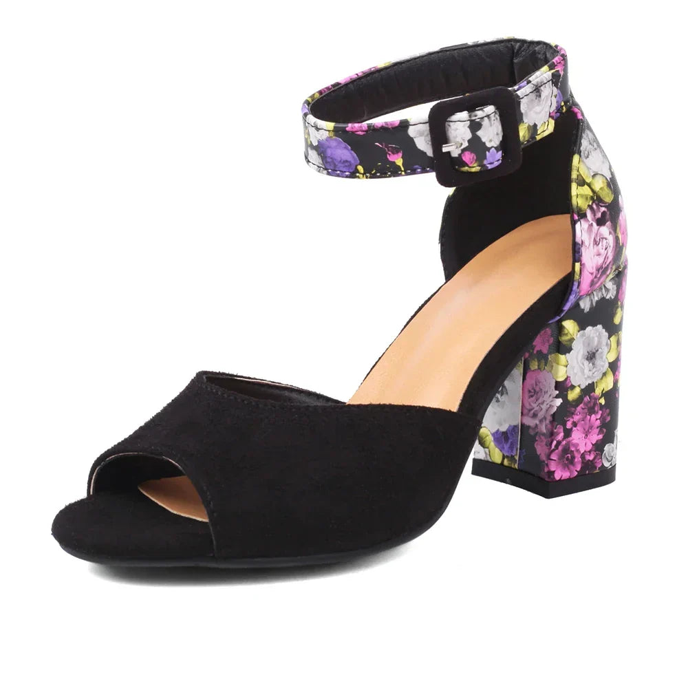 Floral-print peep-toe block heel sandals with adjustable buckle ankle strap in vibrant shades