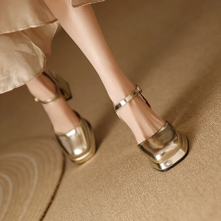 Flare heel closed-toe leather sandals in gold and silver
