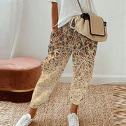 Vesalia ethnic retro print pull-on pants in printed beige with a straight-leg drawstring fit