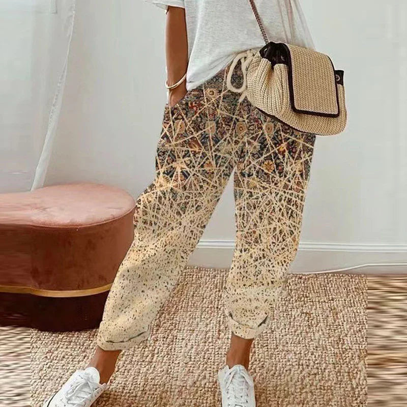 Vesalia ethnic retro print pull-on pants in printed beige with a straight-leg drawstring fit