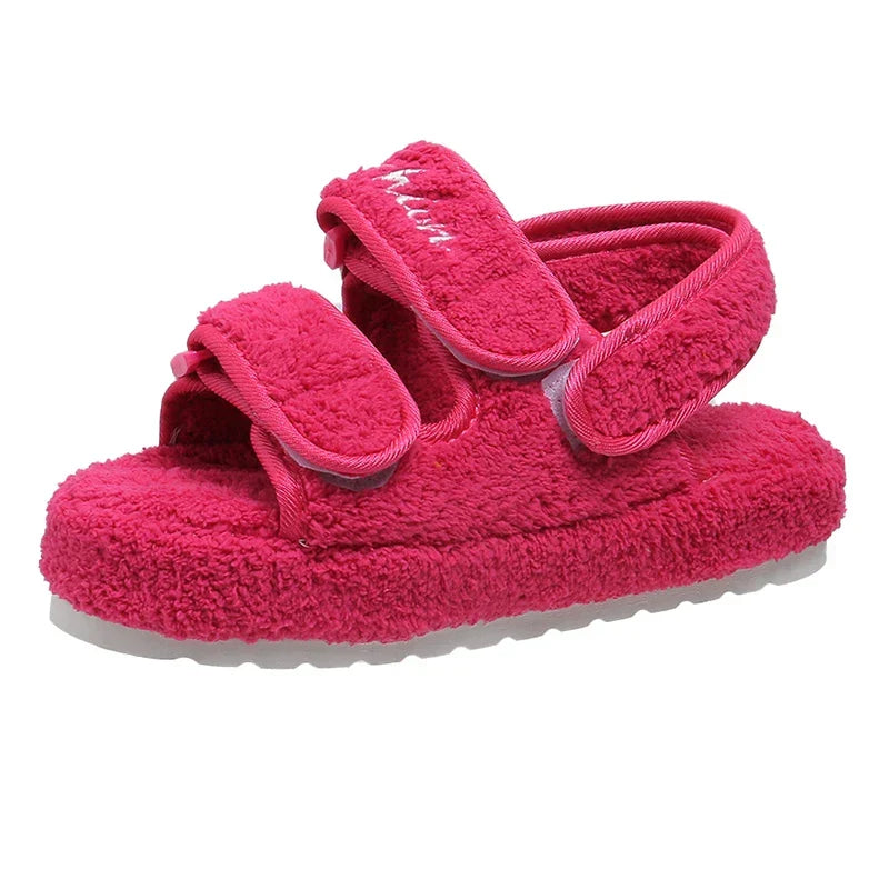 Plush terry platform slide sandals with adjustable velcro straps in bold colours