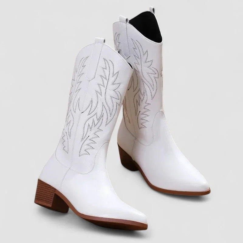 Claire orthopedic Western ankle boots with cushioned sole, shown in white, brown and black