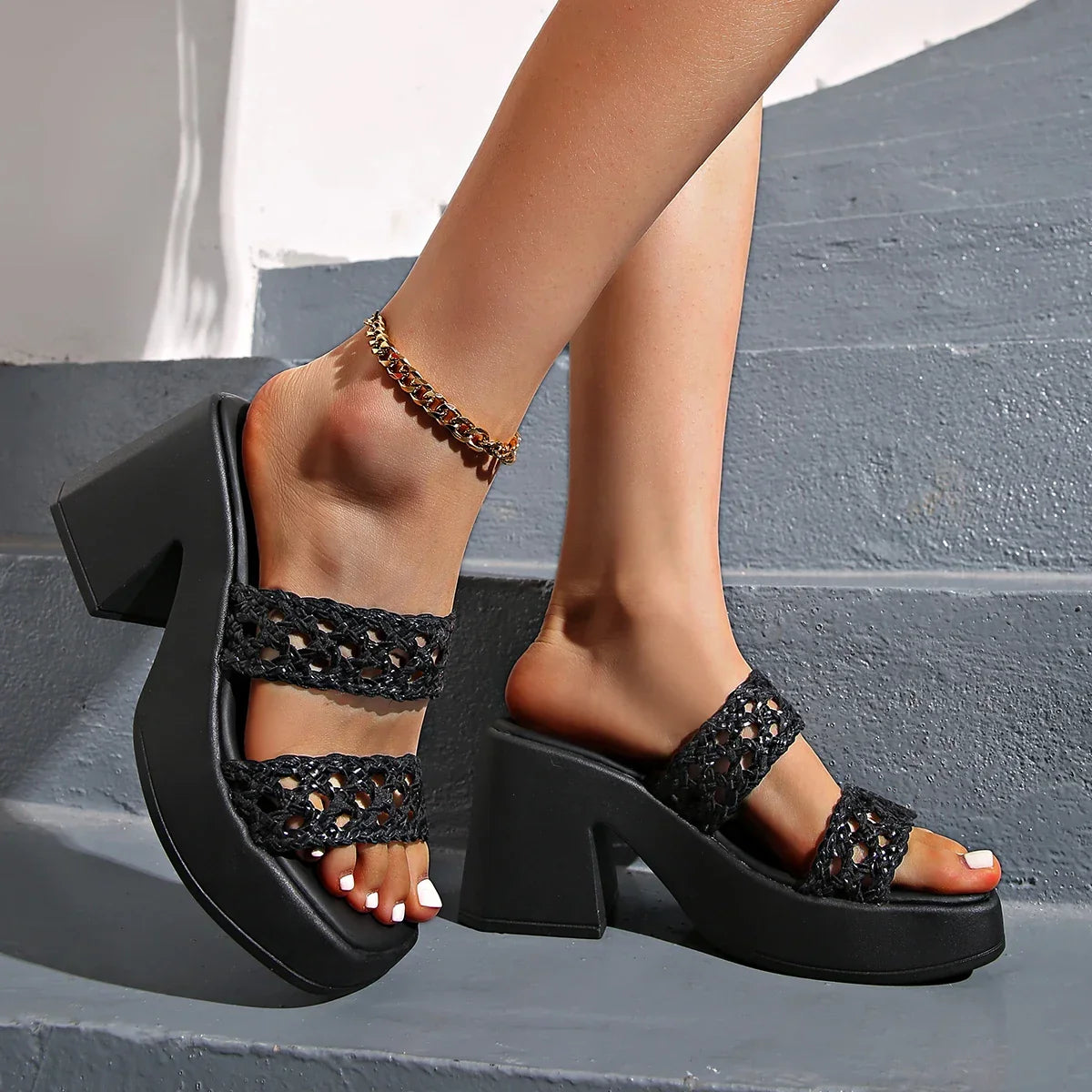 Chunky platform heels with wide braided straps, square toe and block heel