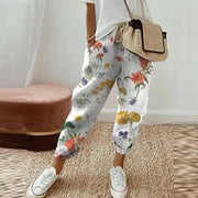 Odrina ethnic retro floral print pull-on pants with straight-leg cut and drawstring waist
