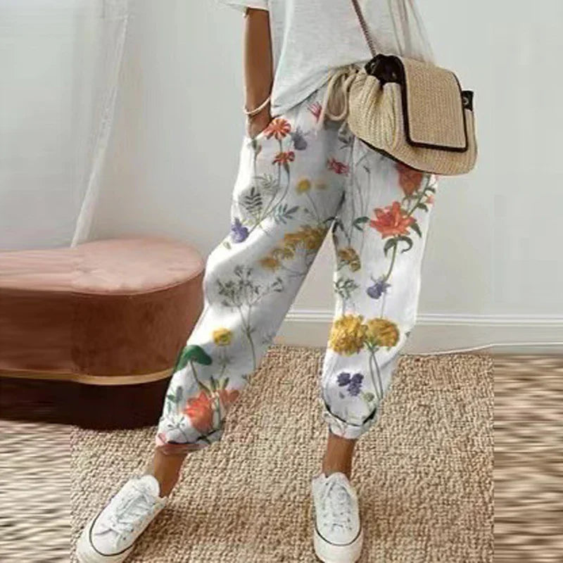 Odrina ethnic retro floral print pull-on pants with straight-leg cut and drawstring waist