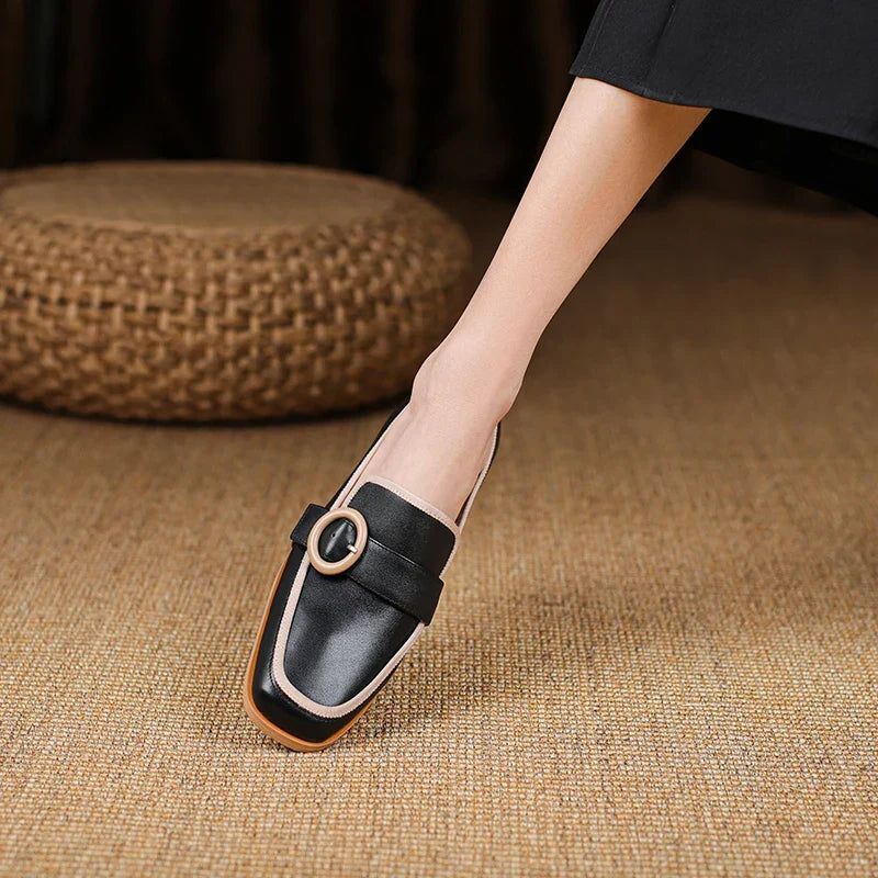 Premium Italian leather slip-on loafers with a low heel in black, white and khaki