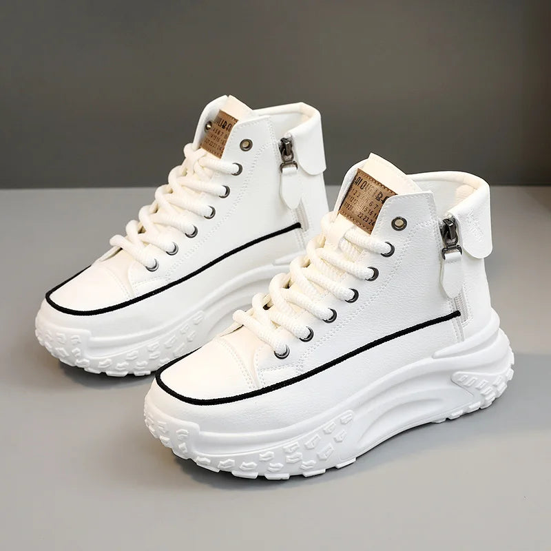 Platform high-top sneakers with side zippers and chunky sole in white, beige and black