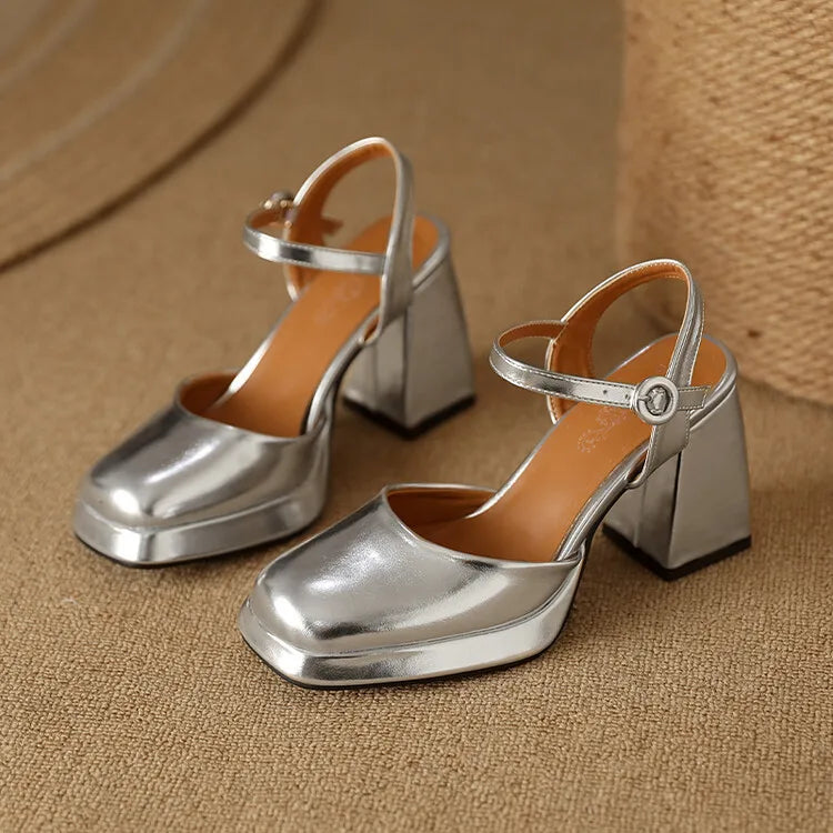 Flare heel closed-toe leather sandals in gold and silver
