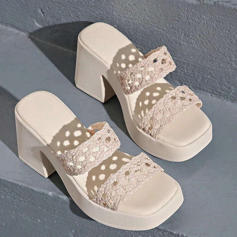 Chunky platform heels with wide braided straps, square toe and block heel