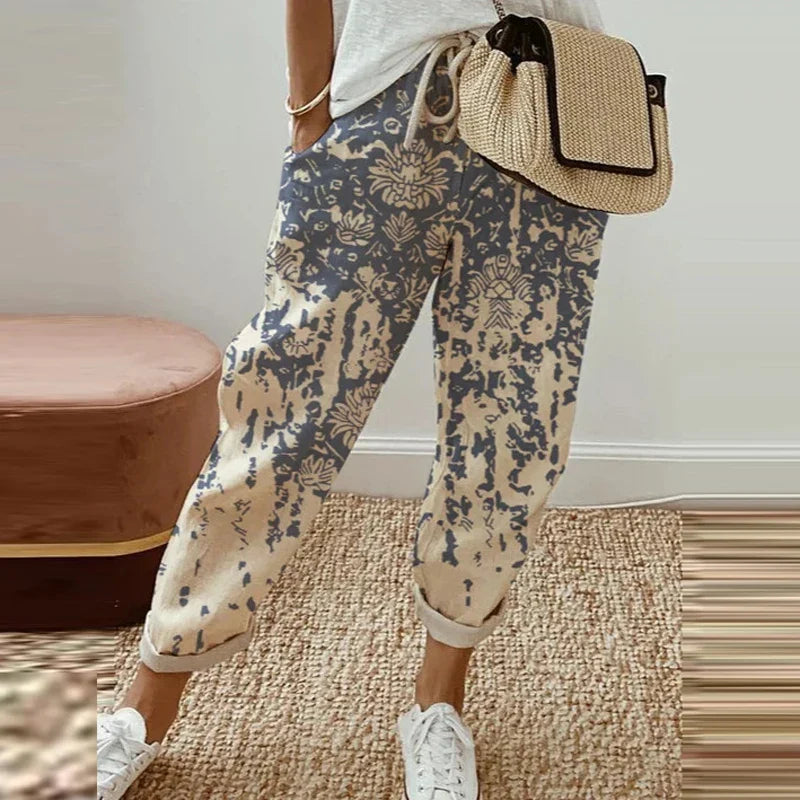 Belisama ethnic retro print pull-on pants with straight-leg cut and drawstring waist