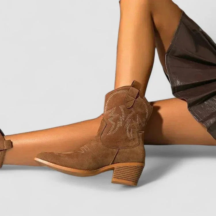 Lillian suede Western ankle boots with embroidery and a block heel