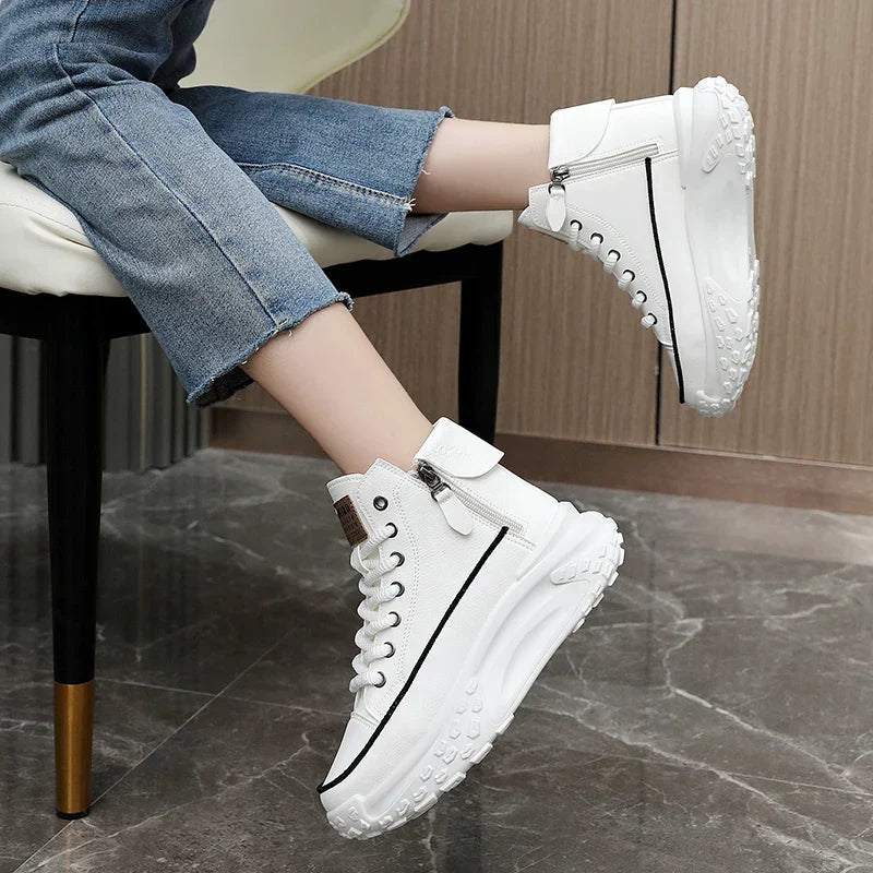Platform high-top sneakers with side zippers and chunky sole in white, beige and black