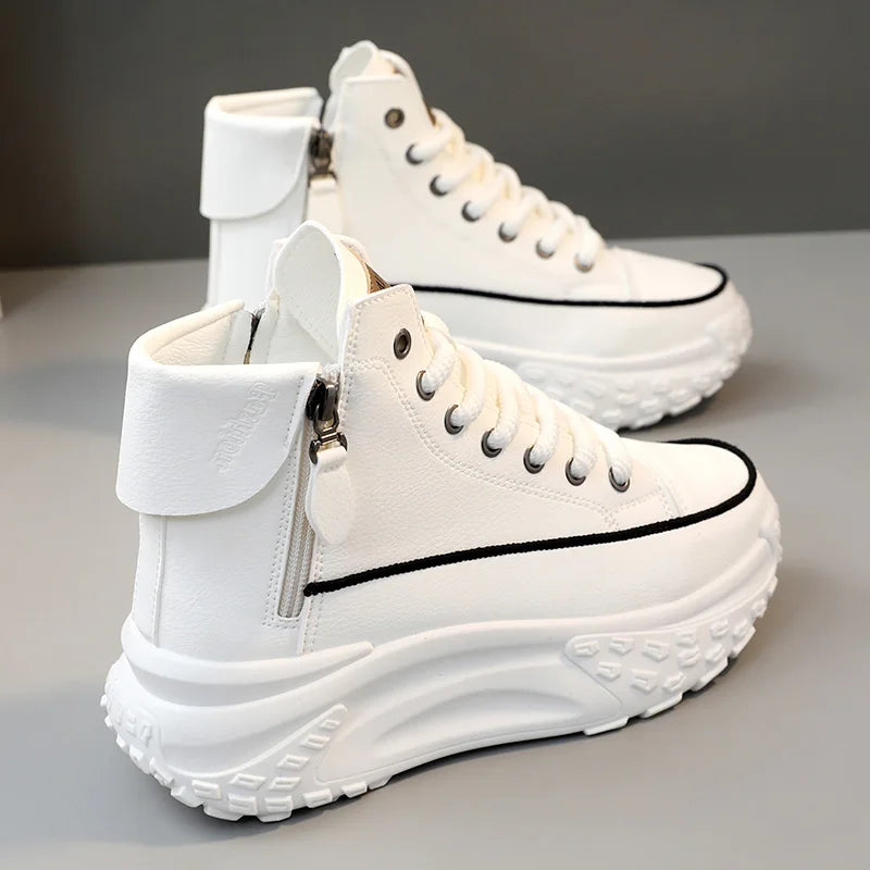 Platform high-top sneakers with side zippers and chunky sole in white, beige and black