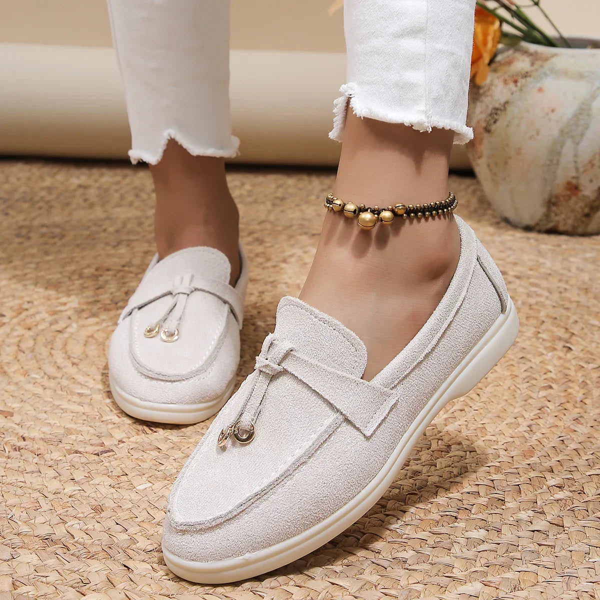 Genuine leather and soft suede slip-on loafers in a neutral shade