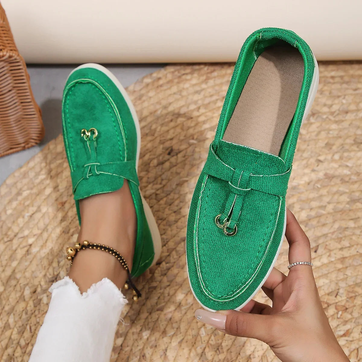 Genuine leather and soft suede slip-on loafers in a neutral shade