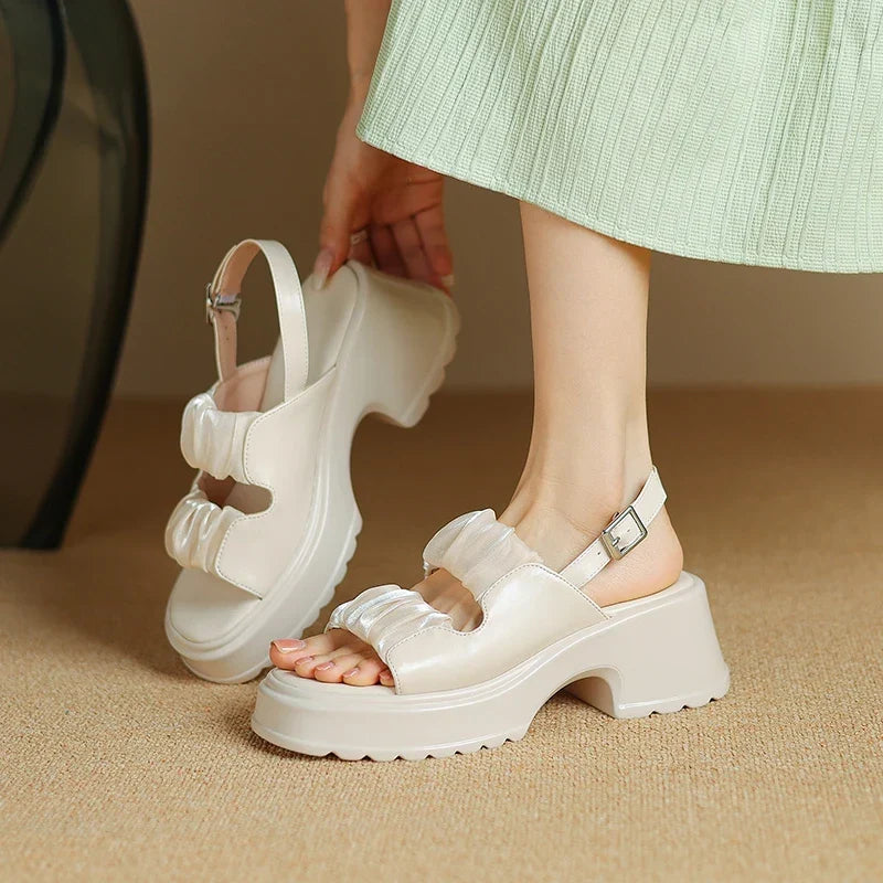 Ruched double-strap chunky heeled sandals with adjustable ankle strap and buckle closure