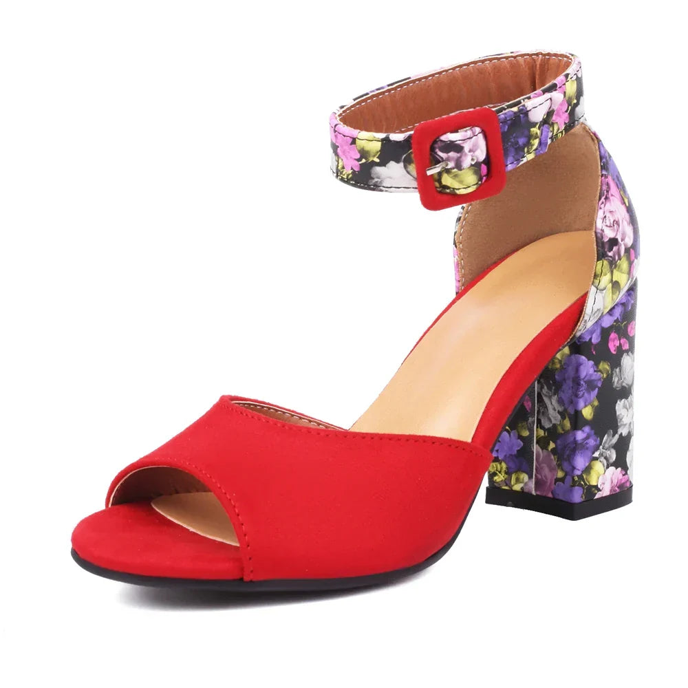 Floral-print peep-toe block heel sandals with adjustable buckle ankle strap in vibrant shades