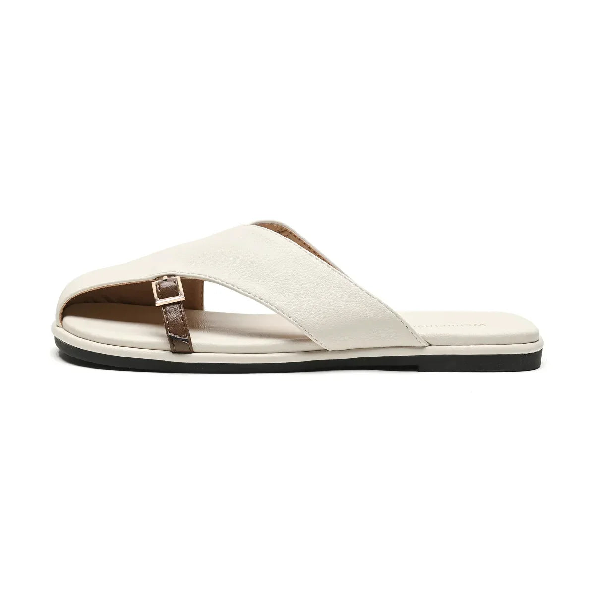 Semi-closed leather slippers with a low heel and open toe in ivory and khaki