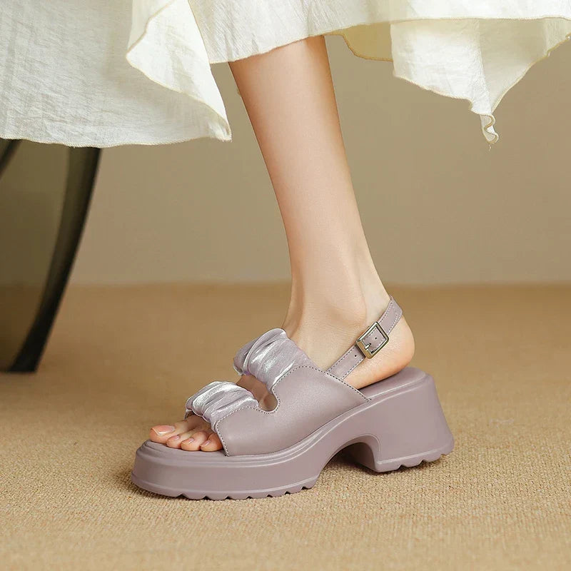 Ruched double-strap chunky heeled sandals with adjustable ankle strap and buckle closure
