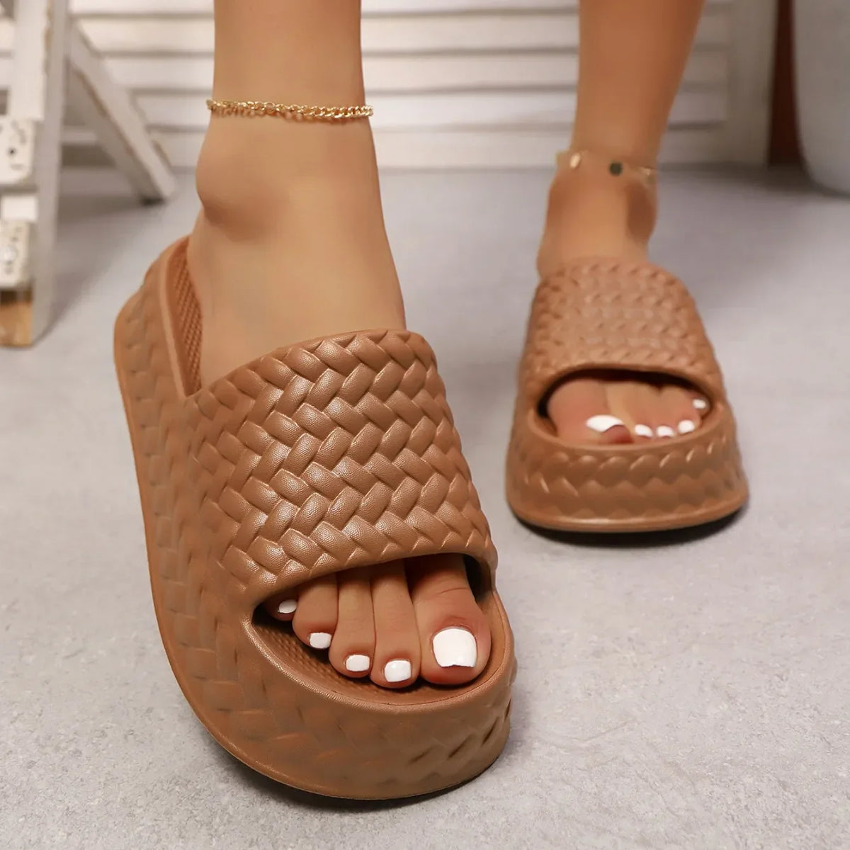 Cushioned platform slide slippers with soft EVA sole in neutral tones
