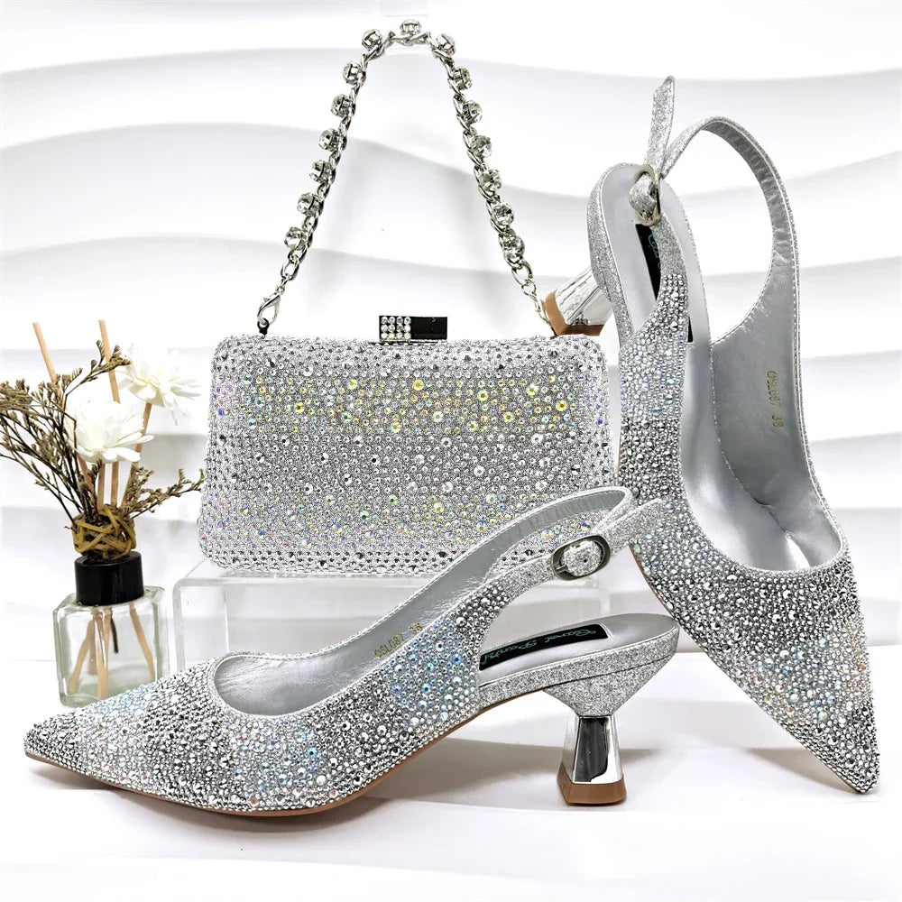 Rhinestone-embellished high heels with a matching sparkling handbag for special occasions