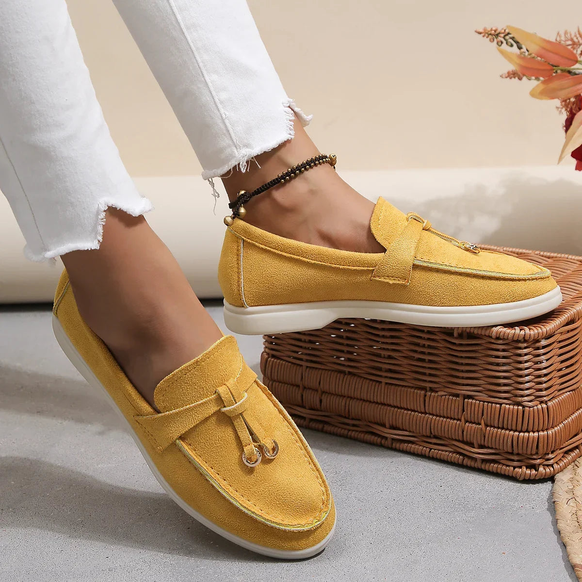 Genuine leather and soft suede slip-on loafers in a neutral shade