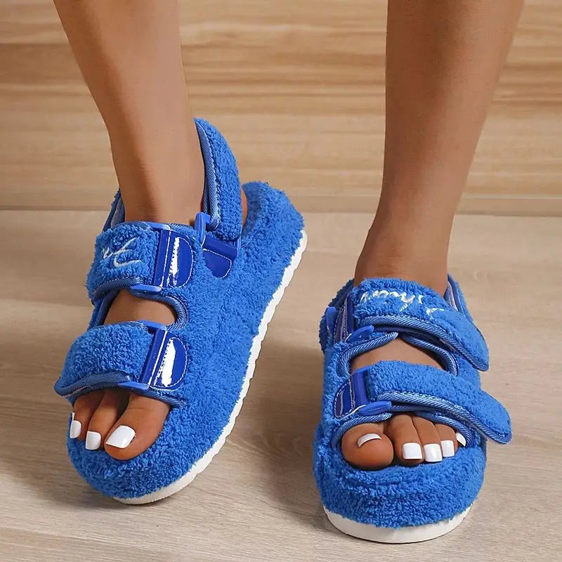 Plush terry platform slide sandals with adjustable velcro straps in bold colours