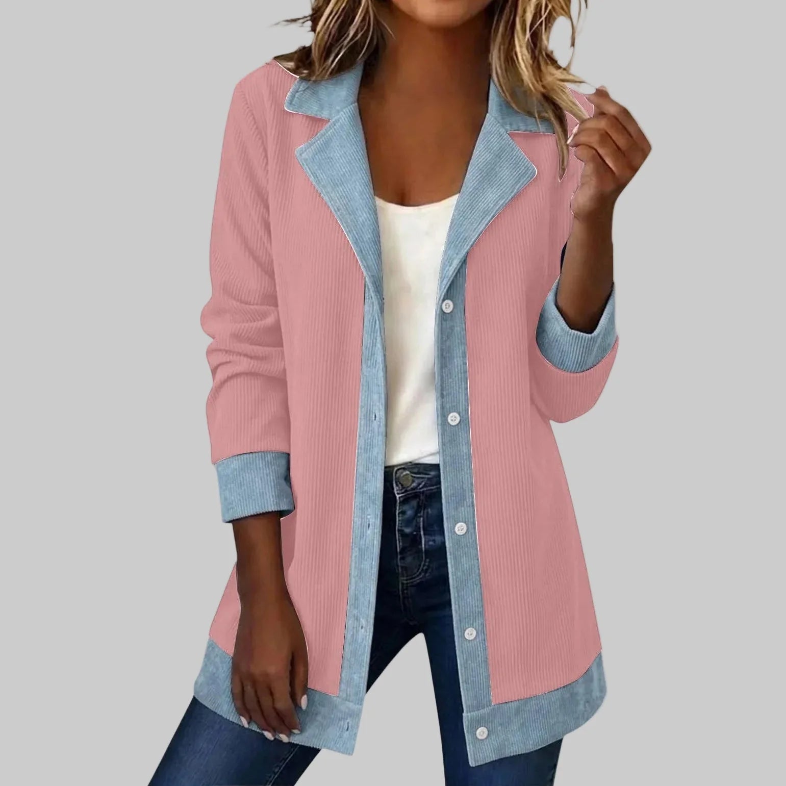 Elowen relaxed pink denim jacket shown in a soft, easy-to-layer fit