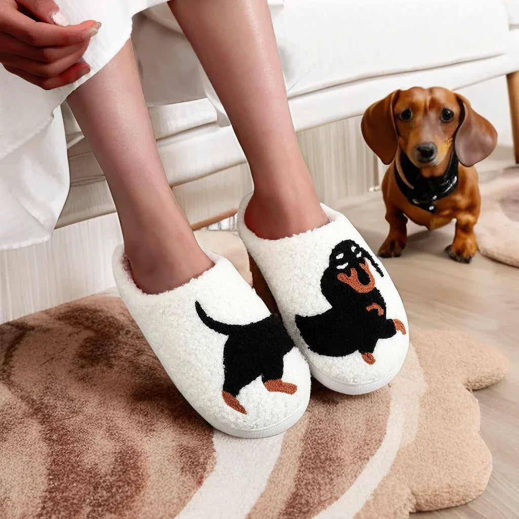 Dachshund novelty slippers with cushioned insole and non-slip white sole