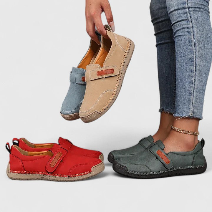 Comfortable slip-on everyday shoes shown in blue, khaki and green