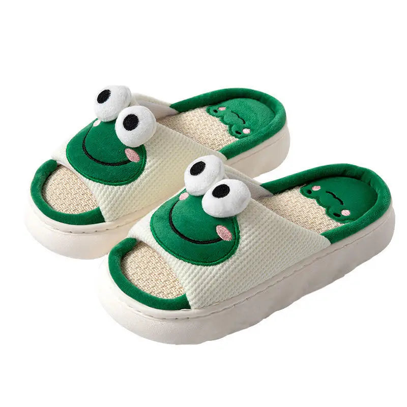 Cute women's cartoon animal cotton slippers in frog and cow designs with low-back heel