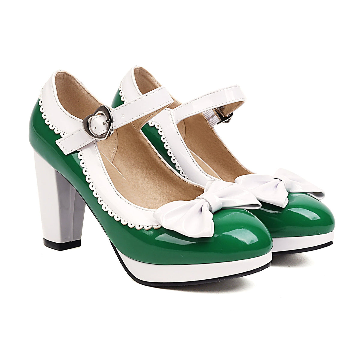 Retro Mary Jane block heels with bow accent, rounded toe and secure strap closure