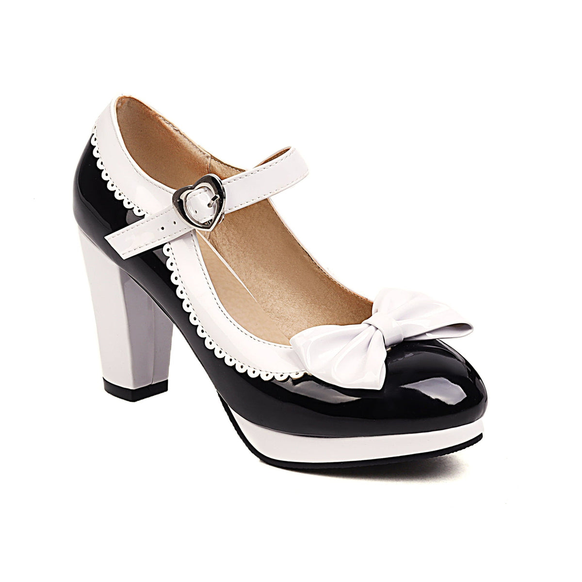 Retro Mary Jane block heels with bow accent, rounded toe and secure strap closure