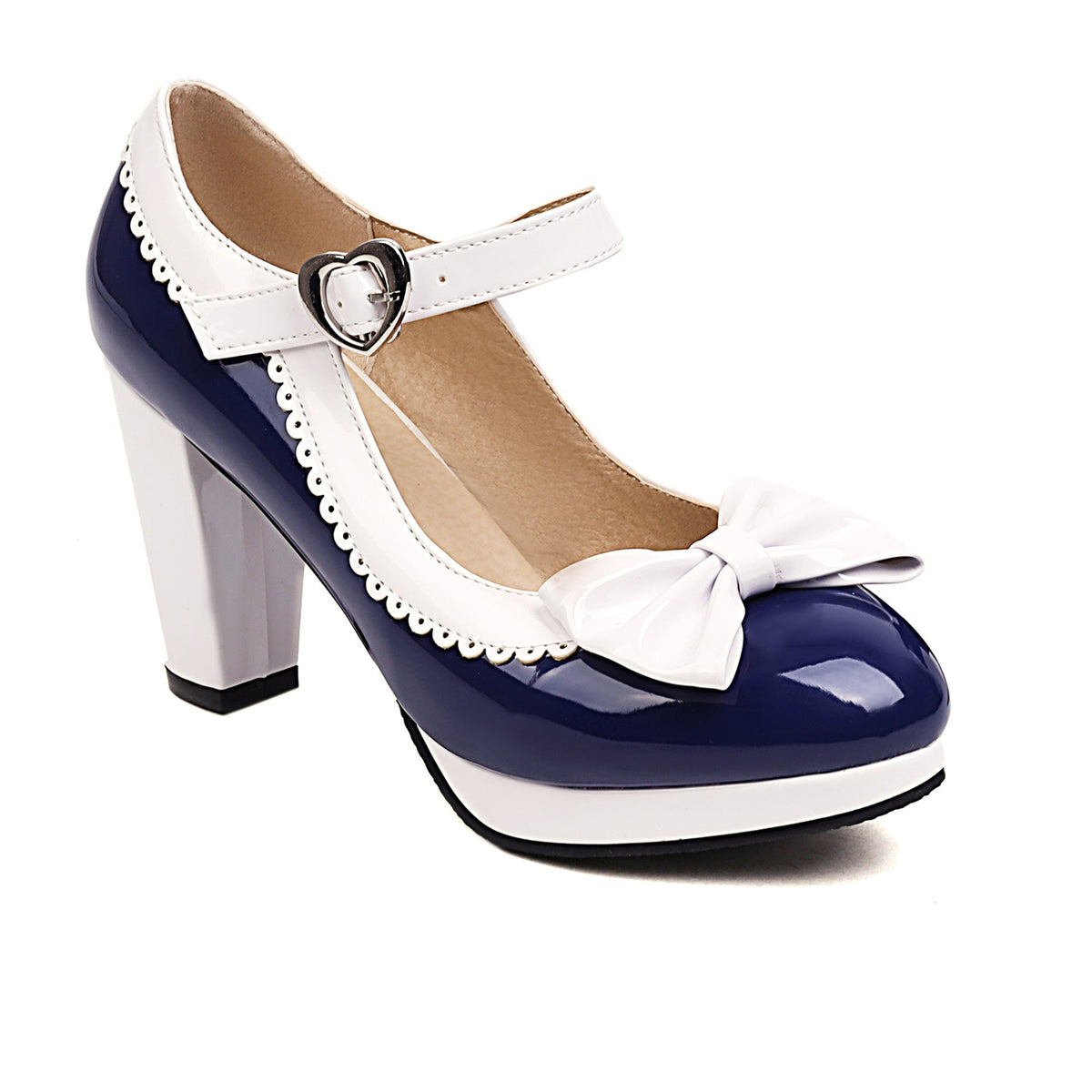 Retro Mary Jane block heels with bow accent, rounded toe and secure strap closure