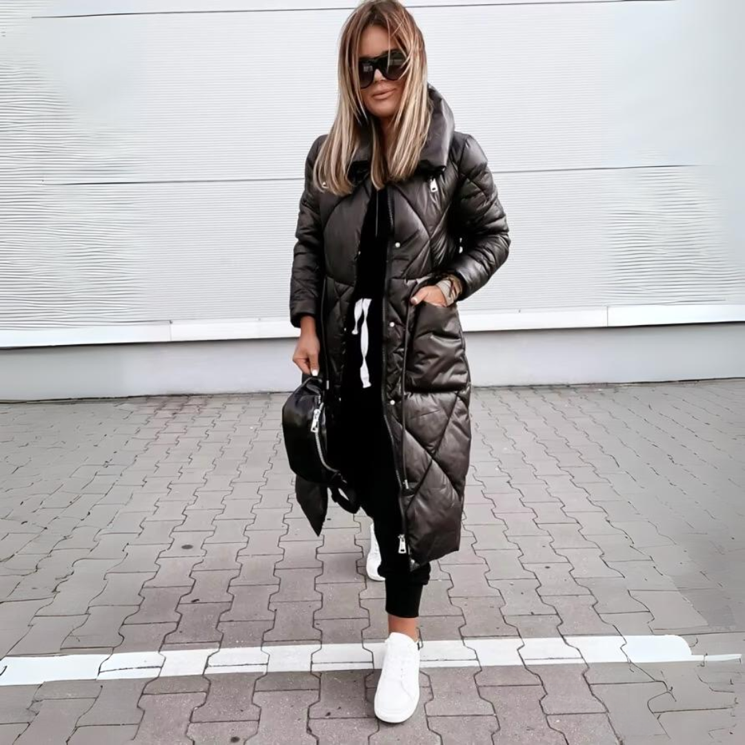 Stella modern quilted coat shown in black, tailored winter outerwear