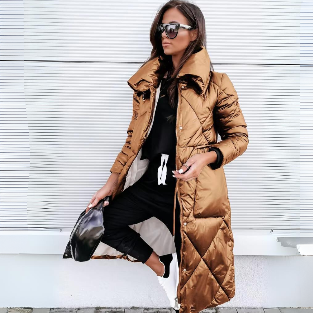 Stella modern quilted coat shown in black, tailored winter outerwear
