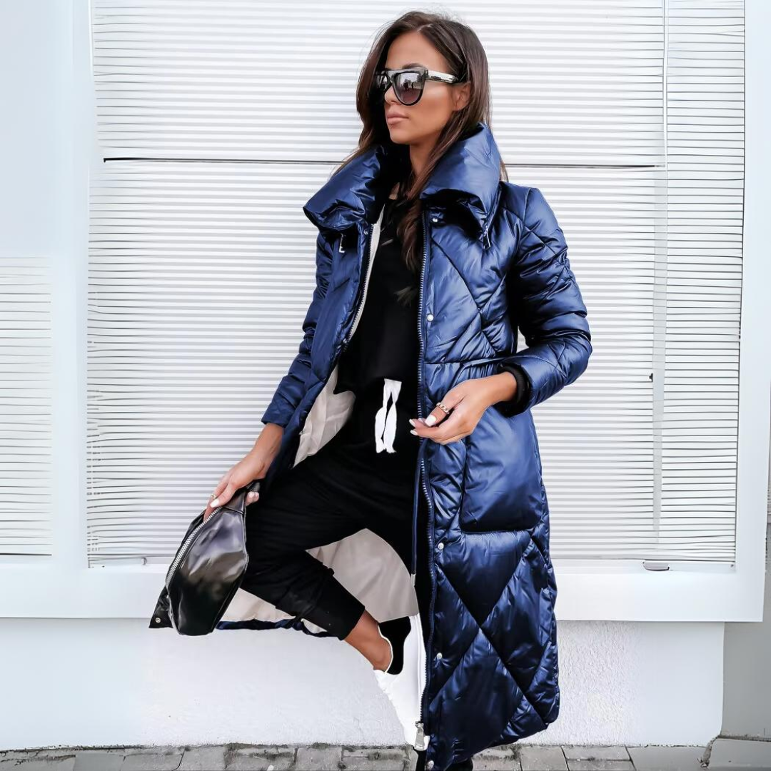 Stella modern quilted coat shown in black, tailored winter outerwear