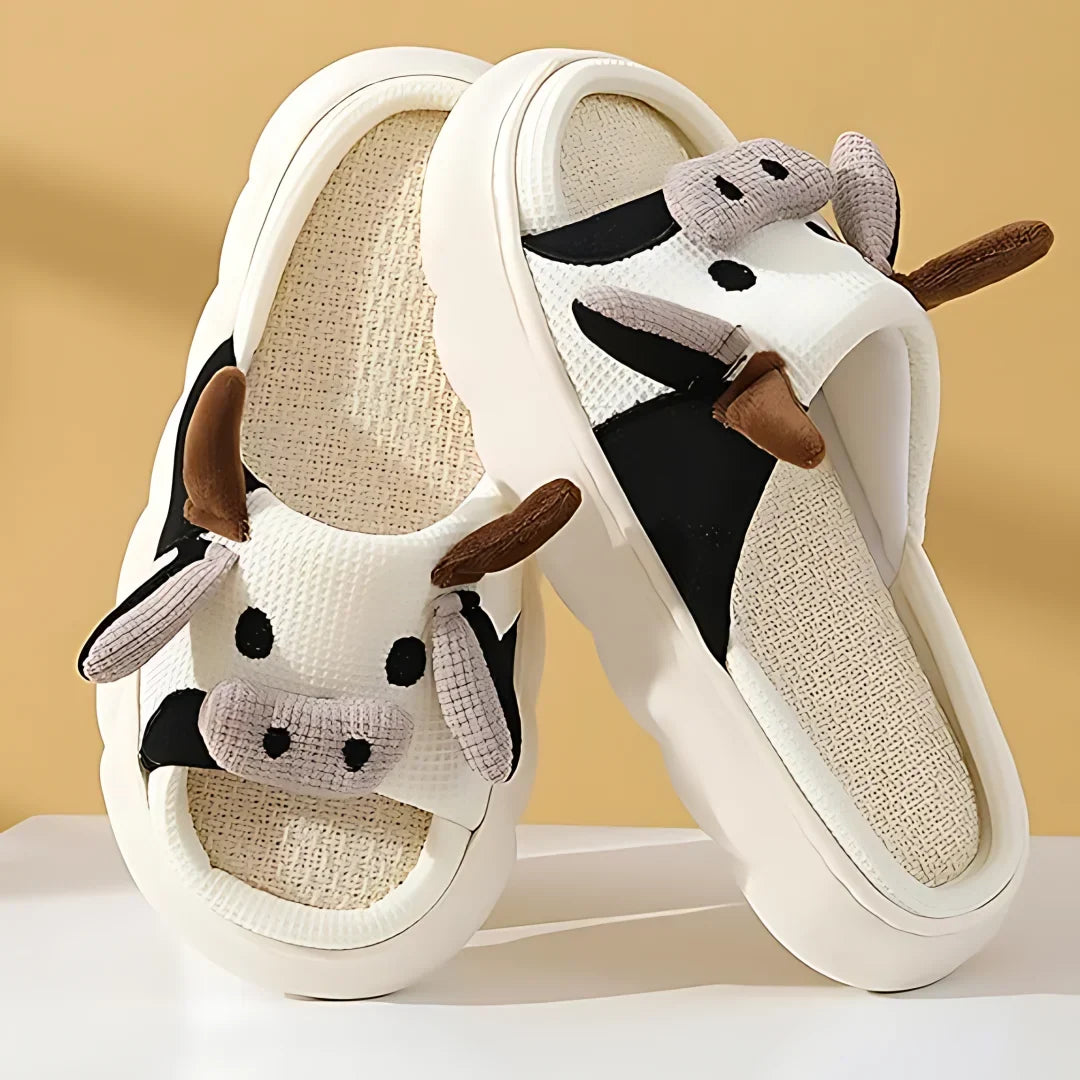 Cute women's cartoon animal cotton slippers in frog and cow designs with low-back heel
