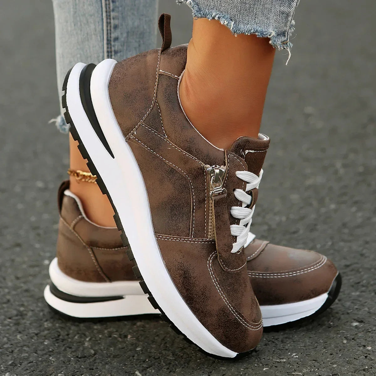 Vanessa lace-up platform sneakers with side zipper in brown and black