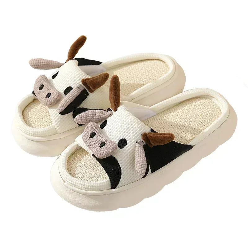 Cute women's cartoon animal cotton slippers in frog and cow designs with low-back heel