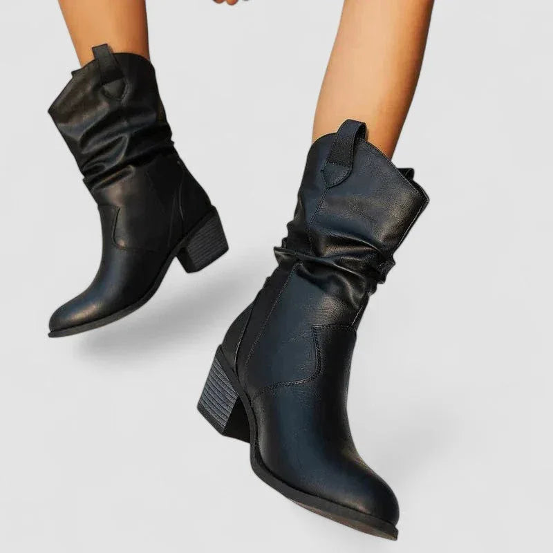 Vivian orthopedic leather ankle boots with block heel, shown in brown and black