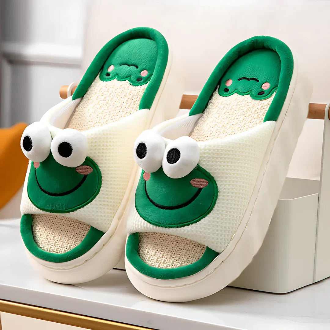 Cute women's cartoon animal cotton slippers in frog and cow designs with low-back heel