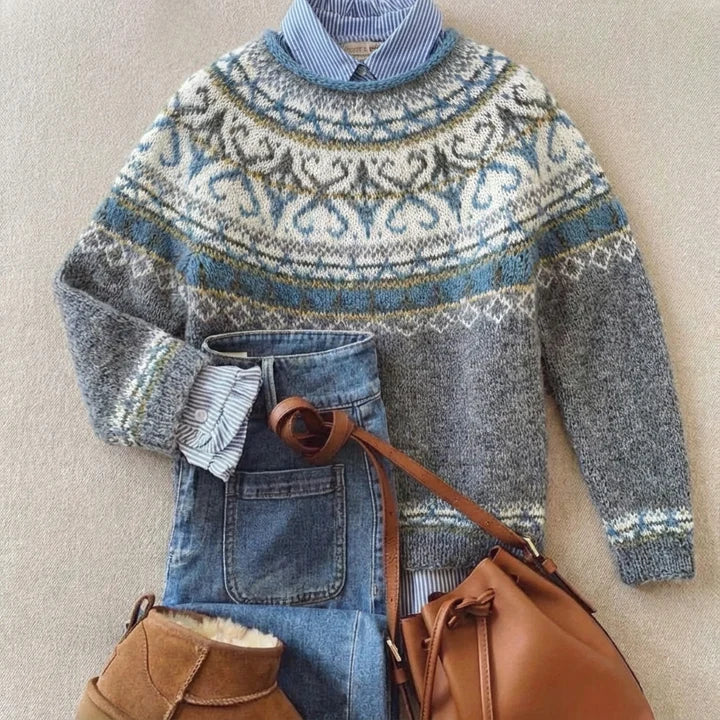 Luxe grey vintage-inspired knit sweater with a soft, cozy texture and flattering fit
