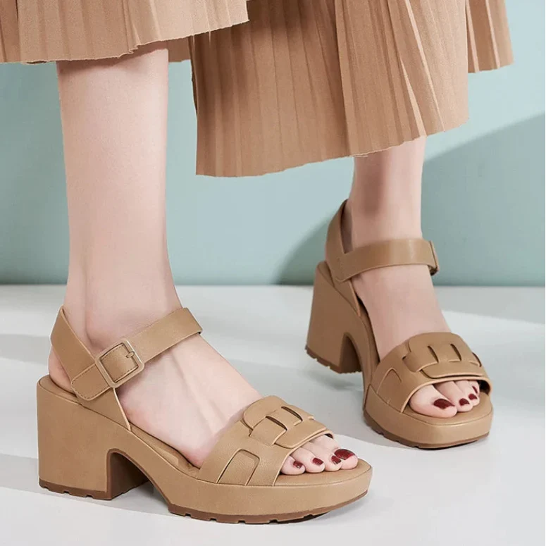 Womens triple-strap block heel platform sandals with adjustable ankle strap in beige, black and khaki