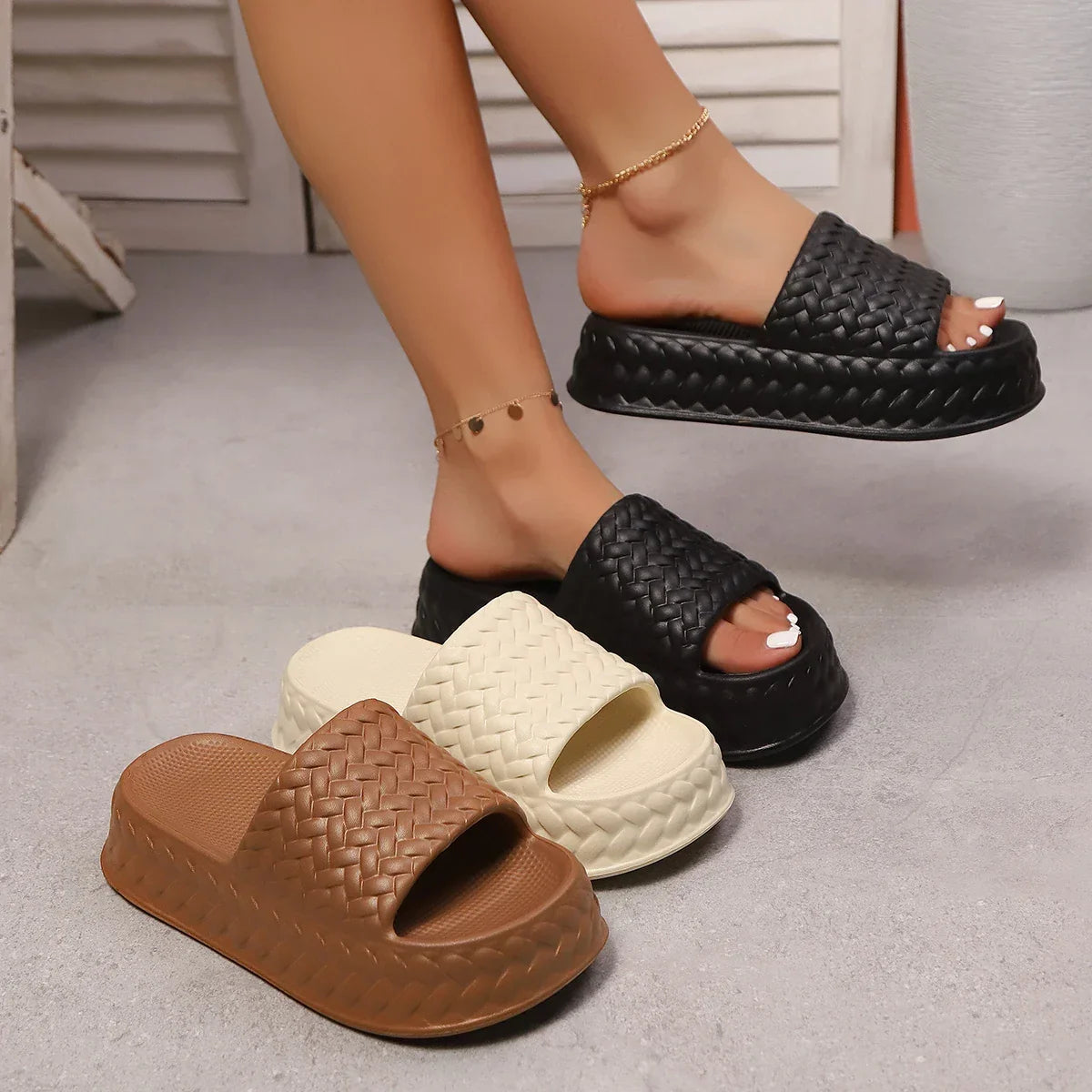 Cushioned platform slide slippers with soft EVA sole in neutral tones
