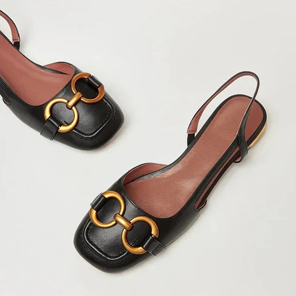 Leather slingback flat with vamp buckle, side cutout and squared toe