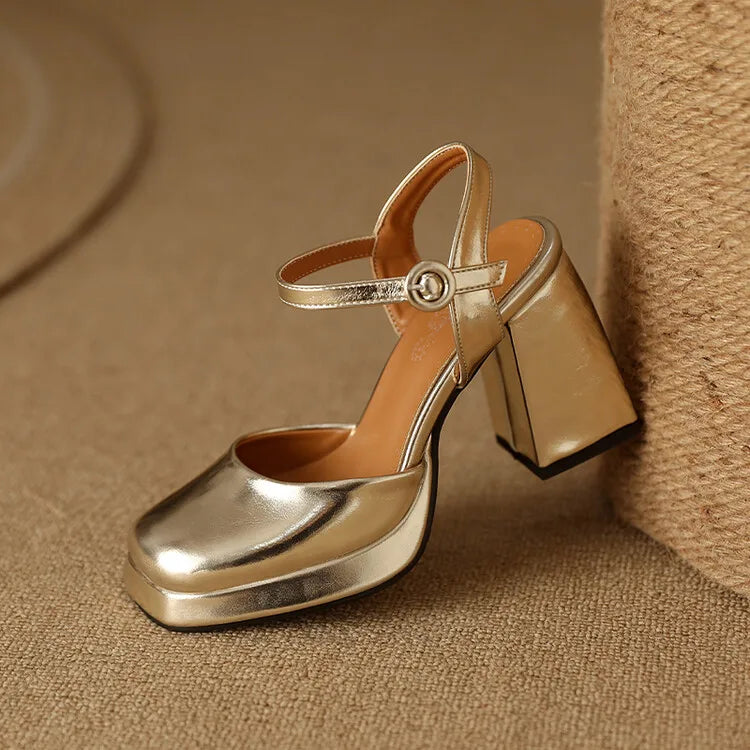 Flare heel closed-toe leather sandals in gold and silver