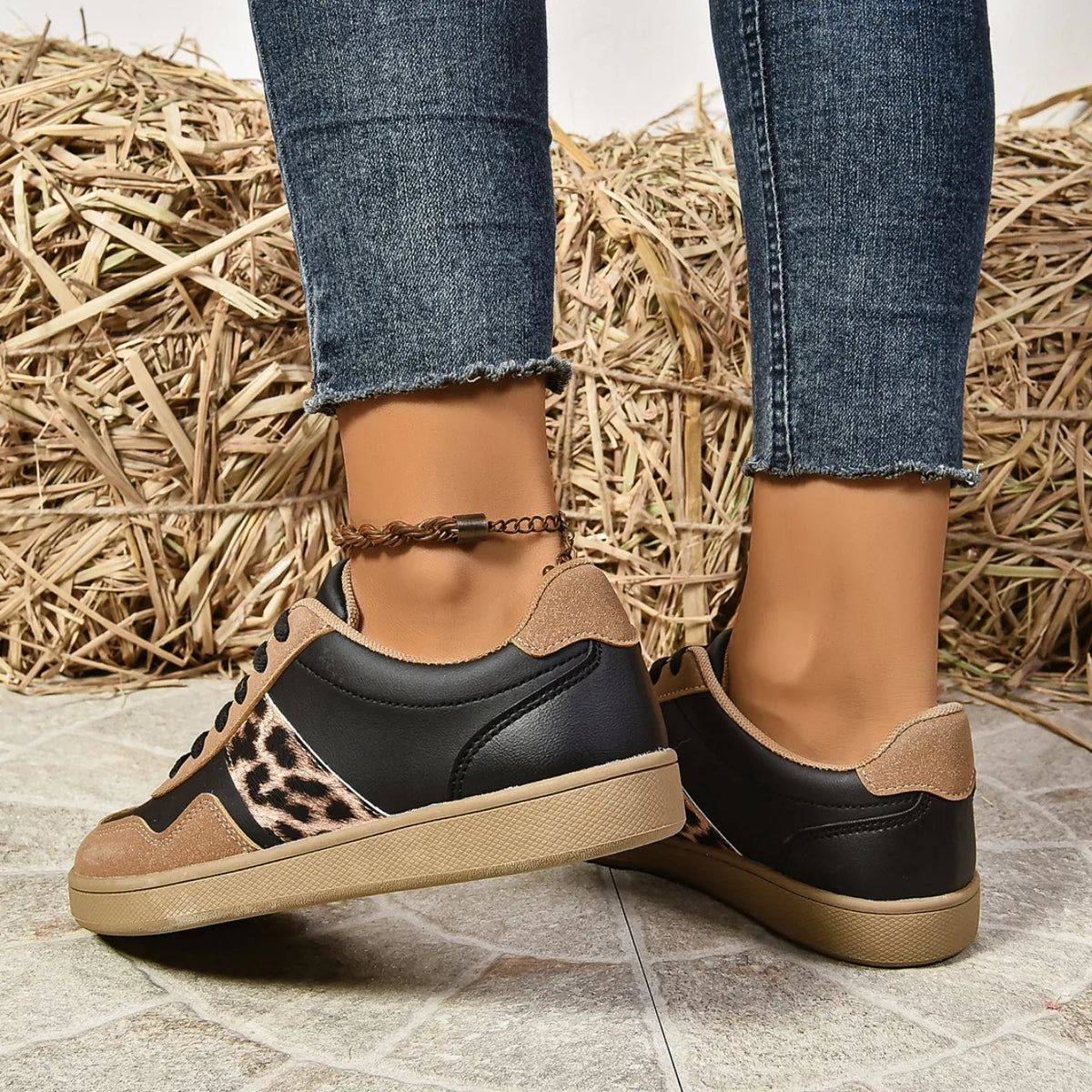 Leopard-print low-top sneakers with suede-texture panels in beige and black